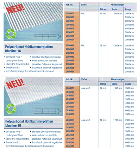 Polycarbonat Hohlkammerplatten 16 mm, ECO - preiswerte Alternative - Breite: 980 u. 1200 mm - Farben: glasklar, und opal-weiß - Preis glasklar € 21,70/m² - opal-weiß € 22,90/m² Polycarbonat Hohlkammerplatten 16 mm, ECO - preiswerte Alternative - Breite: 980 u. 1200 mm - Farben: glasklar, und opal-weiß - Preis glasklar € 21,70/m² - opal-weiß € 22,90/m²