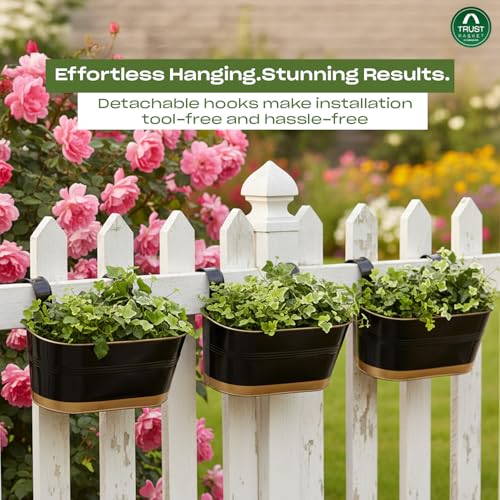 Image of TrustBasket 12 inches, Set of 6 Railing Planter - Premium UV Resistant, Anti-Rust Hanging Pots for Plants | Stylish Hanging Planters for Balcony | Indoor & Outdoor Pots for Balcony Decoration (Black)