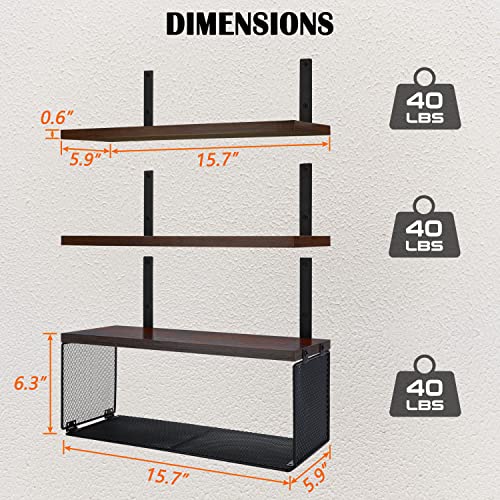 Giotorent Floating Shelves Wall Mounted Set Of 3, Wood Bathroom Shelves Over Toilet With Paper Storage Basket,Wood Wall Shelves For Wall Decor, Bathroom, Bedroom, Living Room,Rustic Brown #TOP2