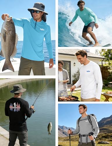 Image of Men's UPF 50+ Sun Fishing Shirt, Long Sleeve UV Protection Tee, Quick Dry Rash Guard for Outdoor Swim Hiking
