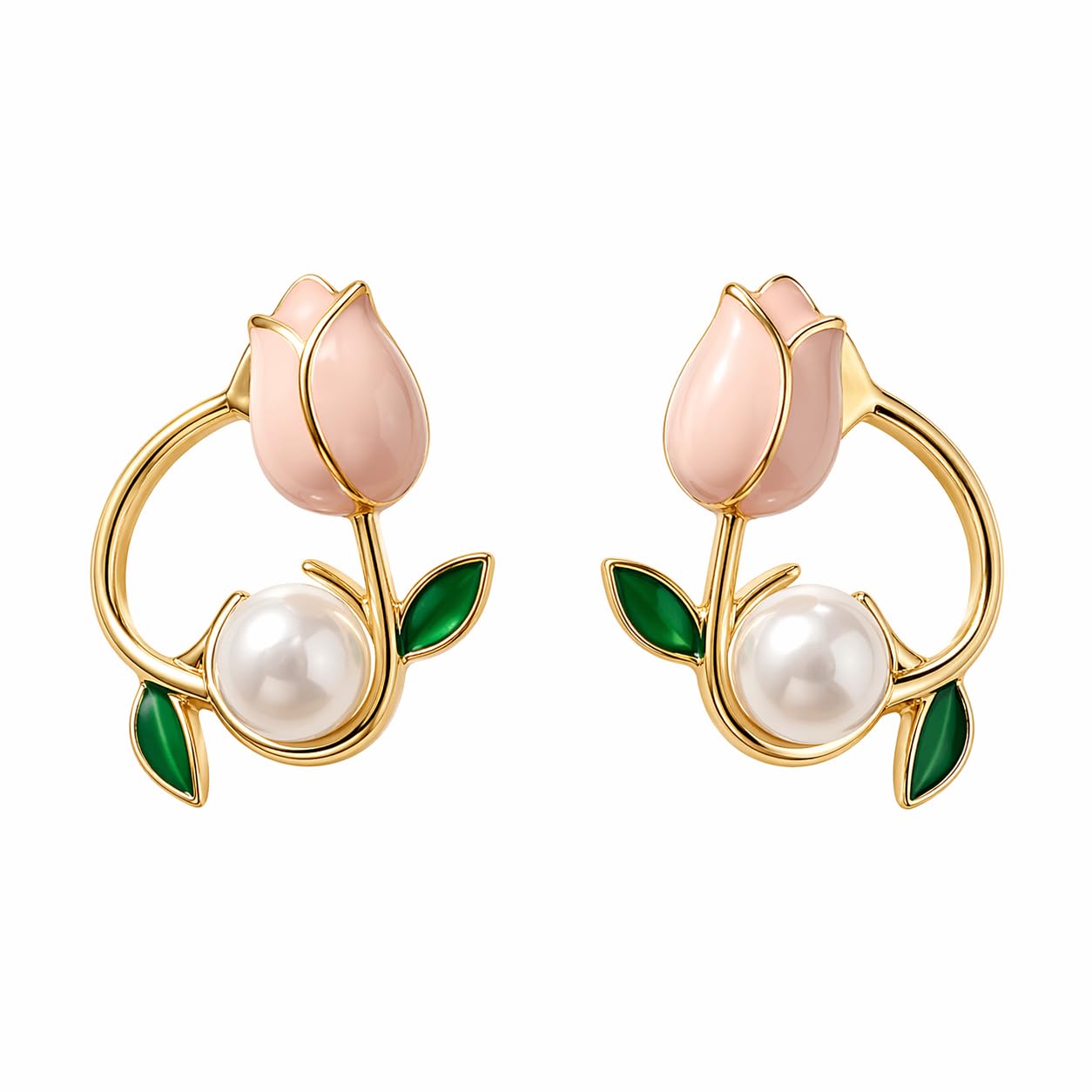 jinsol Cute Tulip Pearl Double Stud Earrings Feminine Floral Design Elegant Pearl Accent Delicate Gold Tone Perfect for Everyday Wear-picture-27