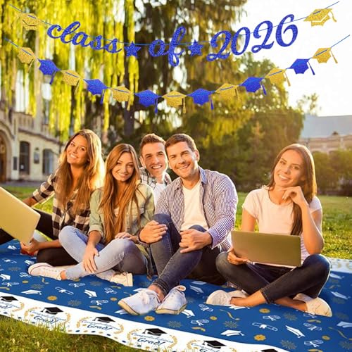 Image of Navy-Blue White-Gold Party-Decorations Graduation Banner - 8pcs Kits Class of 2026 Cap Garland Streamers, Paper Tissue Pom Poms Flowers, Congratulations Grad Decor Lasting Surprise