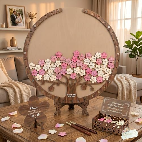 Image of Wedding Guest Book Alternative Wooden Cherry Blossom Tree Drop Chip Sign-In | Personalized rustic sakura heart drop box keepsake for spring weddings, holds 40-250 guest wooden hearts as sign-in decor