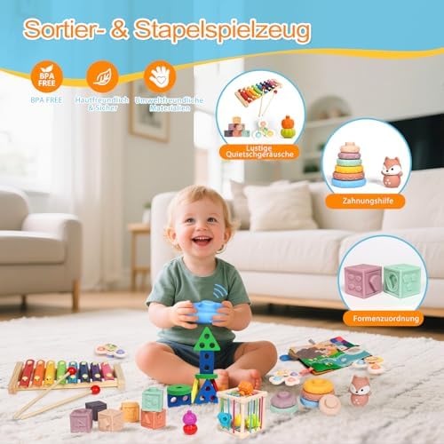 Montessori Toy for Toddlers 1-3 Years, 7-in-1 Educational Toy Activity Set with Fabric Book, Stacking Building Blocks & Sensory Toy, Gift for Boys & Girls