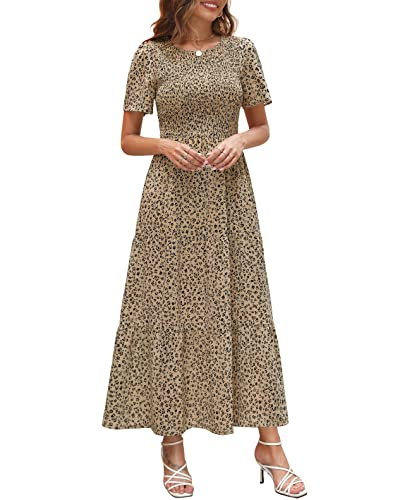 Maggeer 2023 Womens Summer Casual Floral Boho Long Dress with Sleeves Modest Smocked Tiered Short Sleeve Maxi Dress for Women Oat L