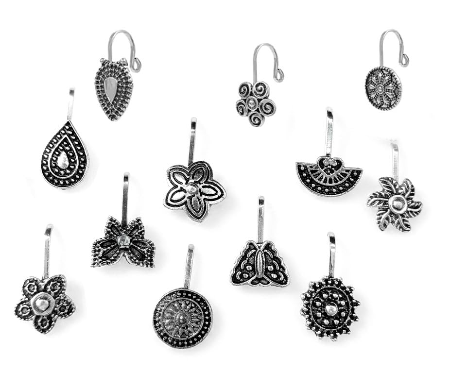 Fashion Oxidised Silver Plated Non Piercing Nose Pin Combo Set for Women & Girls | Assorted Floral, Ethnic & Boho Clip On Nose Rings | Pack of 12 (NPJM001OX)-image-14