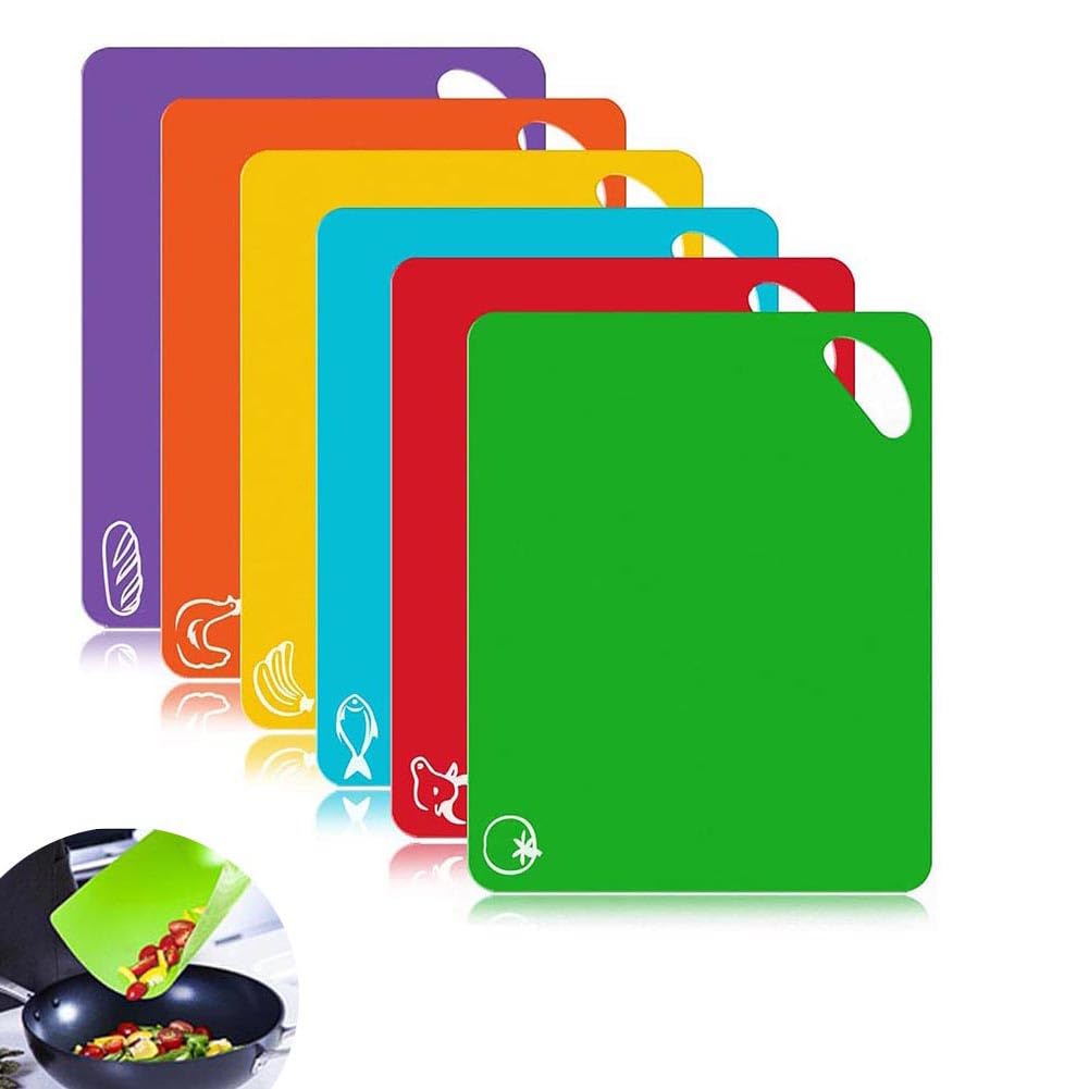 X spring Kitchen Chopping Board, 6 Pack Extra Thick Flexible Colored Mats with Food Icons and Easy Grip Handles, BPA Free Cutting Board Set, Plastic Cutting Boards for Meat and Vegetables (Multicolor)
