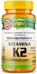 Vitamina K2 Mk7 130mcg Unilife Menaquinona 120 Cápsulas