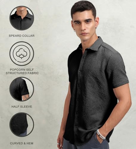 Image of Zombom Men's Poly Cotton Textured Short Sleeve Shirt | Slim Fit Casual Wear | Premium Stretch Fabric | Button Down Collar | Stylish Party Shirt for Men