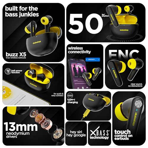 Image of Dubstep Buzz X5 in-Ear Wireless Earbuds with Upto 50 hrs Playtime, 13mm Dynamic Drivers, X-Bass Technology, ENC, Clear Calls TWS Earbuds, Bluetooth V5.3 Earphones, Type-C Fast Charging (Black /Yellow)