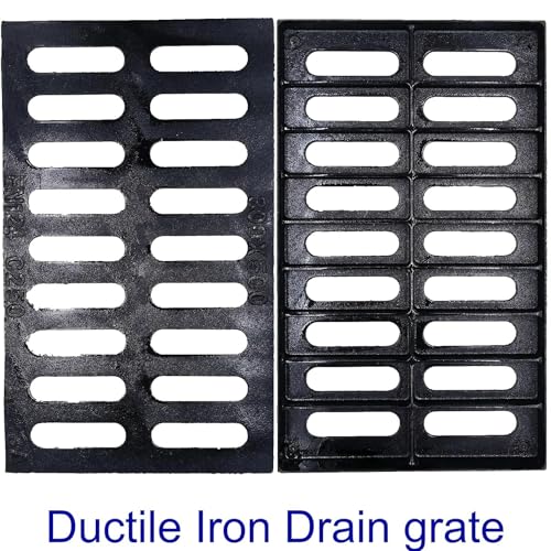Image of Cast Iron Drain Grate, Driveway Channel Cover 20x12 in C-Class | Heavy-Duty Outdoor Trench Drainage, Black Rectangle Metal Sewer Cover for Garage, Yard, True 19.7x11.8