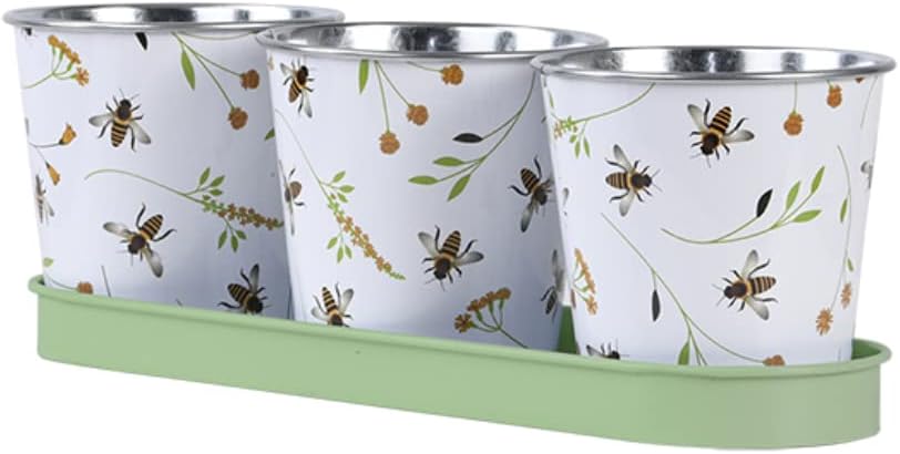 Bee Print Herb Pots with Tray | for Windowsill or Balcony | Indoor or Outdoor Use