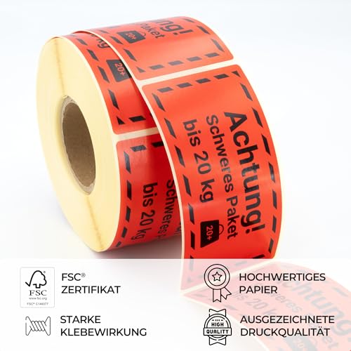 MD Labels Warnetiketten auf rolle 100x50mm ACHTUNG SCHWERES PAKET bis 20 KG 500 Stück - Paketaufkleber für Sendungen -Versandetiketten– Paketaufkleber