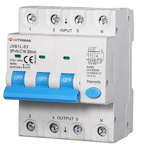 IXTRIMA Interruttore Magnetotermico Differenziale, 3P+N, 380V-6KA, 30mA, 4 Moduli DIN (16A)