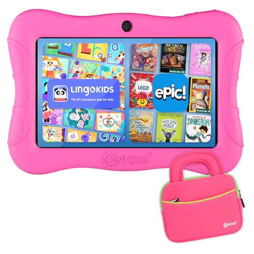 Image of Contixo 7 inch Kids Tablet - V9 Android Tablet and Sleeve Bag Bundle with 14+ Academy Games and Educational Apps, 32GB, Dual Cameras, Parental Control, Perfect for Back to School, Pink