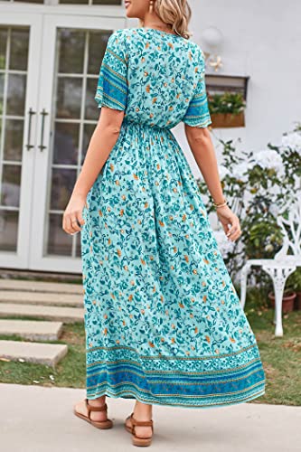 Image of PRETTYGARDEN Women's Casual Summer Boho Floral Print Dress V Neck Short Sleeve High Waist Long Maxi Beach Dresses