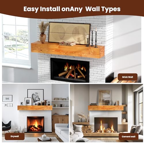 Image of Floating Mantel Shelf - Wood Fireplace Mantel, Wall-Mounted, Weight Capacity 60lbs, 72 X 9 X 6 inch, Oak
