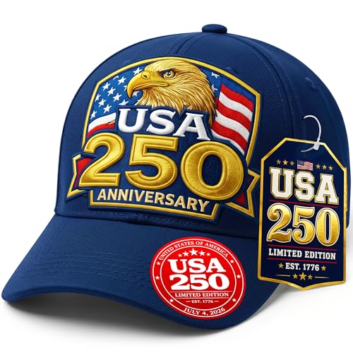 USA 250th Anniversary Hat for Men Women | America 250 Blue Baseball Cap Embroidered Gold Eagle Patriotic Cap | 6-Panel Cotton Adjustable Baseball Hat 250 Anniversary USA Tribute