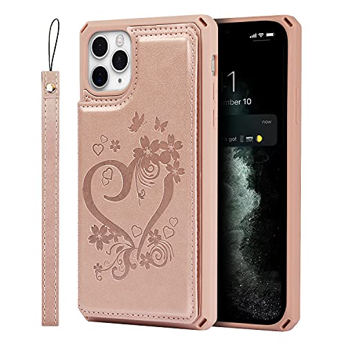 Jaorty For Iphone 11 Pro Max Wallet Case With Rfid Blocking Card Holder For Girls Women,Premium Pu Leather Magnetic Buttons Stand Flip Wrist Strap Case For Iphone 11 Pro Max 6.5 Inch,Heart Rosegold #TOP6