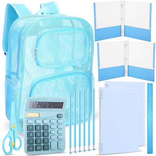 Yeyeplum Mochila de malha de 43 cm com 12 peças, kit de material de volta às aulas, pacote essencial escolar a granel para crianças e estudantes em sala de aula (azul)