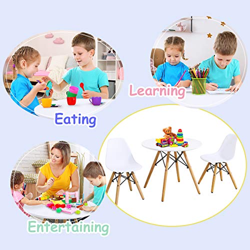 Image of Costzon Kids Table and Chair Set, 3-Piece Kids Mid-Century Modern Style Table Set with Wood Legs for Dining Drawing Playing, Toddler Table and Chairs (White, Table & 2 Chairs)