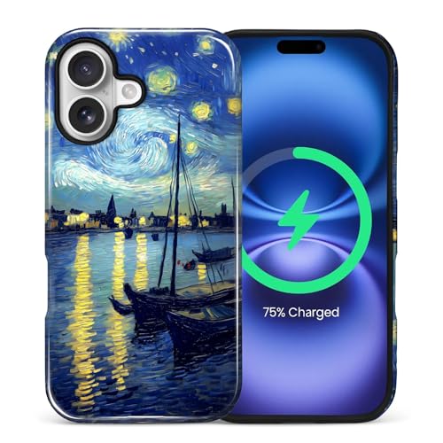 ZHEGAILIAN Magnetic Case for iPhone 17,Compatible with MagSafe Hard Shell + Soft Silicone 2 in 1 Hybrid Shockproof Bumper Drop Protective Case Starry Night Sailboat