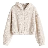 ZAFUL Damen Pullover Hoodie, Kapuze Fluffy Faux Shearling Teddy Jacke (Weiß, XL)