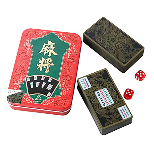 Boîte de Mahjong avec 144 pcs Cartes à Jouer Mahjong Dés et Sac de Rangement à Cordon, Cartes à Jouer Etanches, pour Les Amateurs de Jeux de Voyage Mahjong Cover