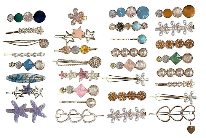 PINK OLIVE Korean Korean Hair Clip, Multicolour Pearl Rhinestone Metal Hair Clips Hair Pin Hair Accessories for Women’s & Girls (Pack of 32 Pc)