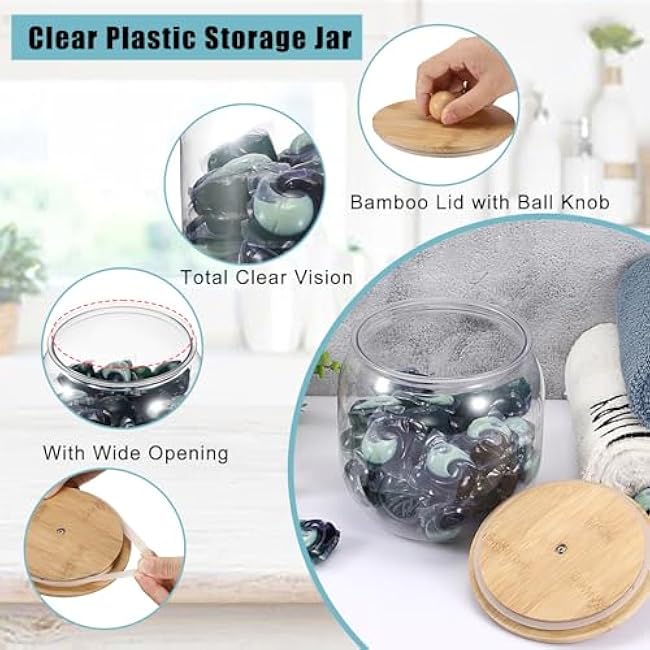 2-Pack Clear Plastic Laundry Pod Containers with Bamboo Lids & Seal Rings ¨C Airtight Detergent Storage Organizer for Laundry Room/Kitchen/Bathroom, Cylindrical Dishwasher Pods Container