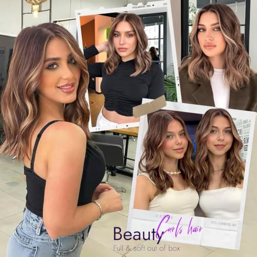 Image of Eawwii Wigs for Women Brown Highlight,Short Wavy Synthetic Lace Wig
