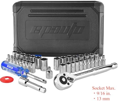 EPAuto 40피스 0.6cm(0.25인치) 및 1인치 드라이브 소켓 세트, 톱니 래칫 72개 — 사진 2