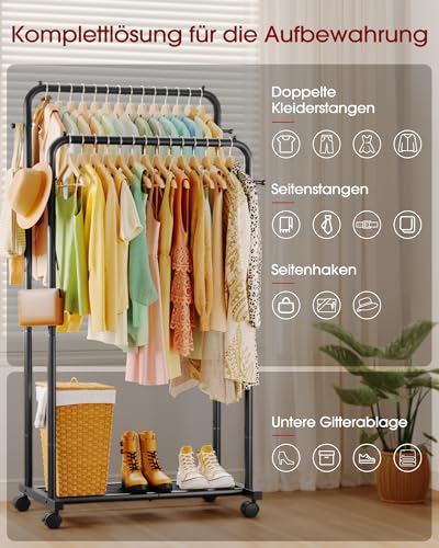 Sakugi kleiderständer auf rollen – Doppelstangen Kleiderstange mit Mesh-Ablage, Haken & Rollen, Stabiler Garderobenständer für Waschküche und Wohnzimmer, 73 x 42 x 150 cm, Schwarz