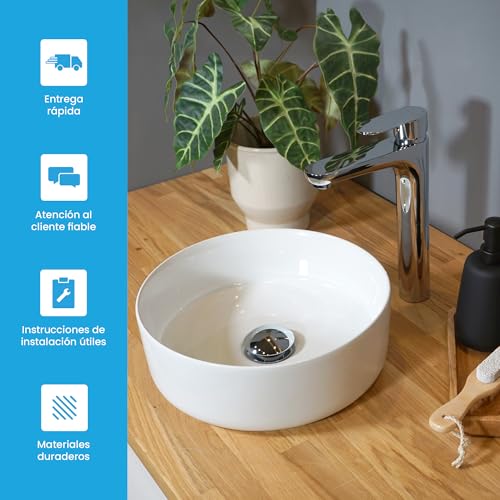 Lavabo redondo Tamula blanco de 31,5 cm que soluciona la falta de espacio en encimeras de aseos pequeños 8