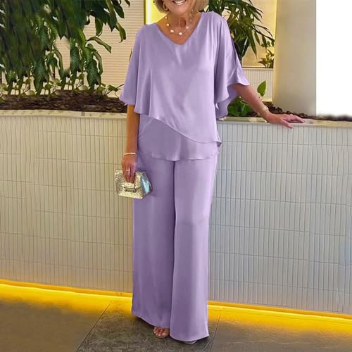 Womens 2 Pieces Satin Set Casual Loose Fit Flowy Summer V Neck Short Sleeve and Long Pants Wedding Guest Dressy Sets2