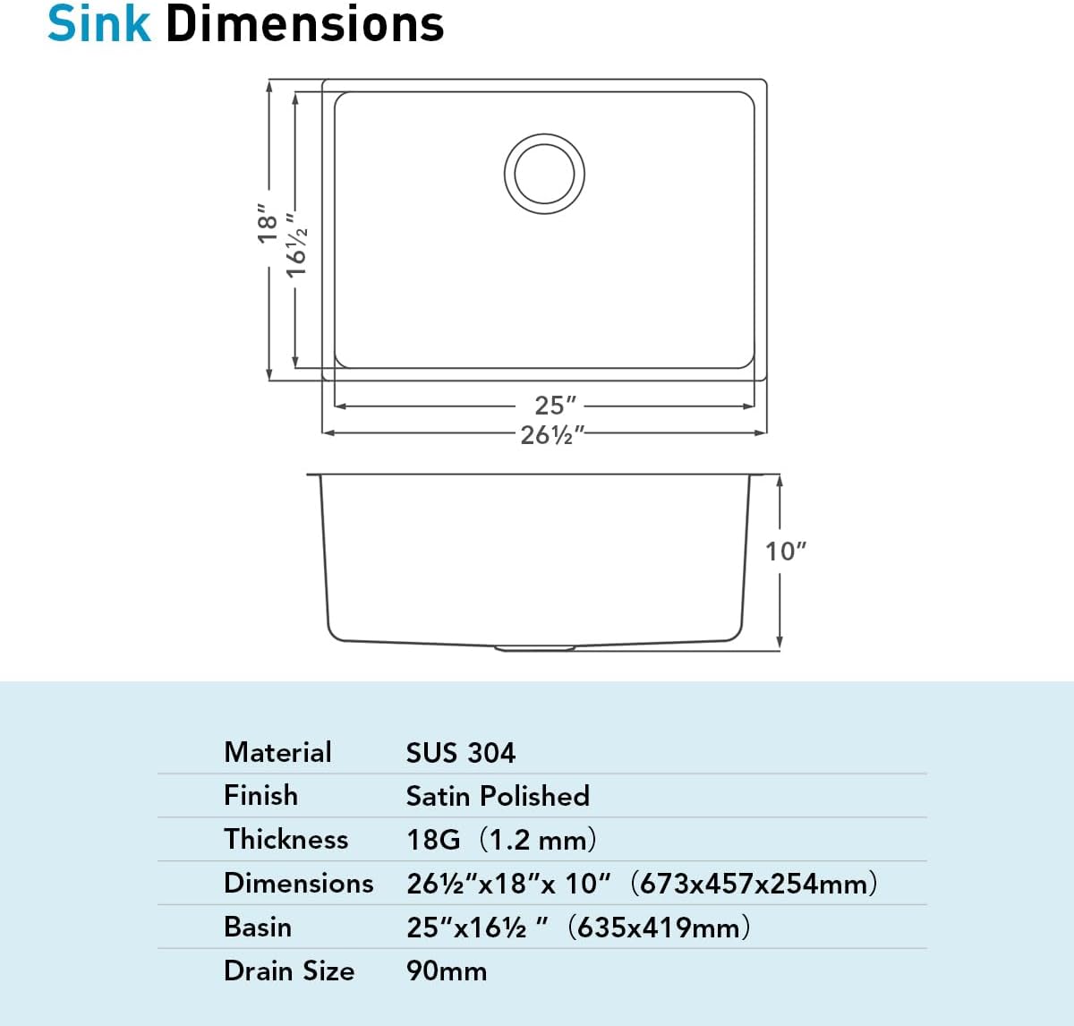 Dawn SRU251610 Undermount Small Corner Radius Single Bowl Sink, Polished Satin