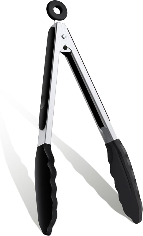 Pinzas de cocina de 9 pulgadas, pinzas de cocina de acero inoxidable con puntas de silicona | Para cocinar/servir/asar | Resistente al calor | Material de calidad alimentaria | Apto para lavavajillas | Negro