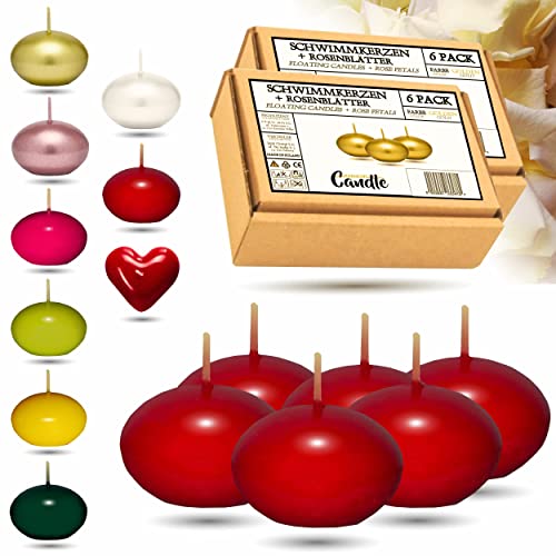 CANDLE HARMONY© Bougies flottantes 6 STK Ø 40 mm avec pétales de rose GRATUIT Couleurs festives Bougie flottante Christmas Candles Bougies (Rouge)