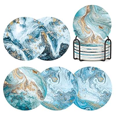 Coasters for Drinks with Holder Set of 6,Marble Blue Ocean Style Absorbent Ceramic Coasters with Cork Base,No Scratched… 51EVK0savEL. SS400