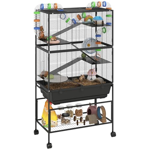 PawHut Hamster Cage with Deep Tray, 5 Tier Rolling Rat Cage with ...