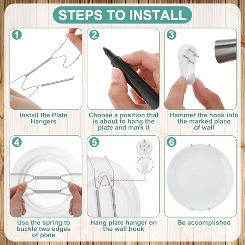Image of Hotop 12 Pieces Plate Hangers for Wall Stainless Steel Wire Invisible Heavy Duty Plate Hangers Display Holders with 12 Pieces Hooks for Wall Decorative(8 /12 /14 Inch,Silver)