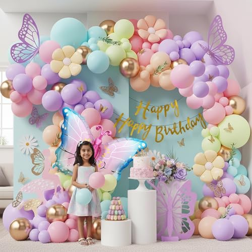 Image of Party Propz Butterfly Theme Birthday Decoration Kit For Girls - 96 Pcs, Whimsical Pastel Birthday Decoration Items, Giant Butterfly Foil Balloon, Stickers, Happy Birthday Banner(Foil,Cardstock)