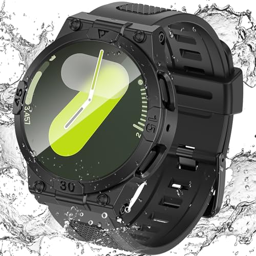 Goton 3 in 1 Waterproof Case and Band for Samsung Galaxy Watch 7 44mm, 360° Protective Hard PC with Tempered Glass Screen Protector for Galaxy Watch Cover Bumper Accessories, Black