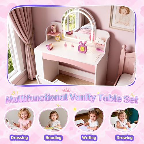 Image of Teckid Kids Vanity Table and Chair Set with Lights, Toddler Vanity Desk for Girls, Princess Makeup Vanity for Kids with Storage Shelves, Open Bookshelf and Stools, White