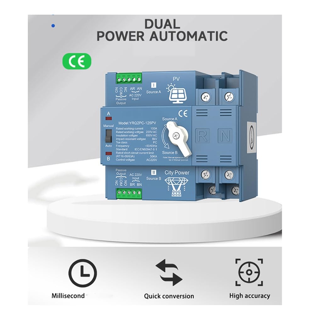 ATS Dual Power Commutatore Automatico di Trasferimento per Generatore o Energia Solare Fotovoltaica al Cambio di Potenza di Città. Inverter Solare 2P125A.