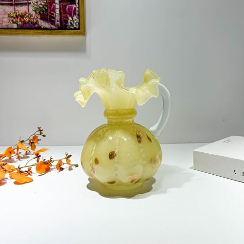 Fenton Style Glass Vase Retro Mid-Century Pumpkin Vase Elegant Home Decor for Living Space Bedroom, Restaurant Vacation Rental (Yellow Handle Medium)