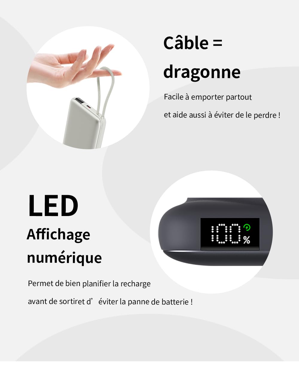 Power Bank Magnétique sans Fil 15000mAh, Support Pliable, Câble Type-C Intégré, Affichage Numérique, Compatible avec Plusieurs Appareils, Batterie Externe Portable(Gris)