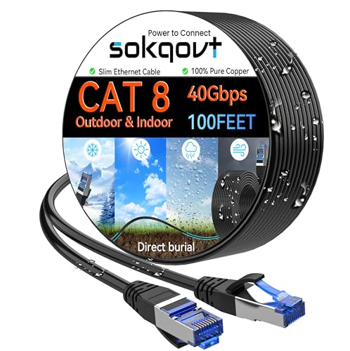 Sokqovt Cat 8 Ethernet Cable Slim 100ft Outdoor&Indoor Pure Copper Cat8 Internet Cable for Waterproof & Direct Burial Flexible Cat8 Ethernet Cable 40G 2000MHZ Cat 8 Network Cable for Indoor Black