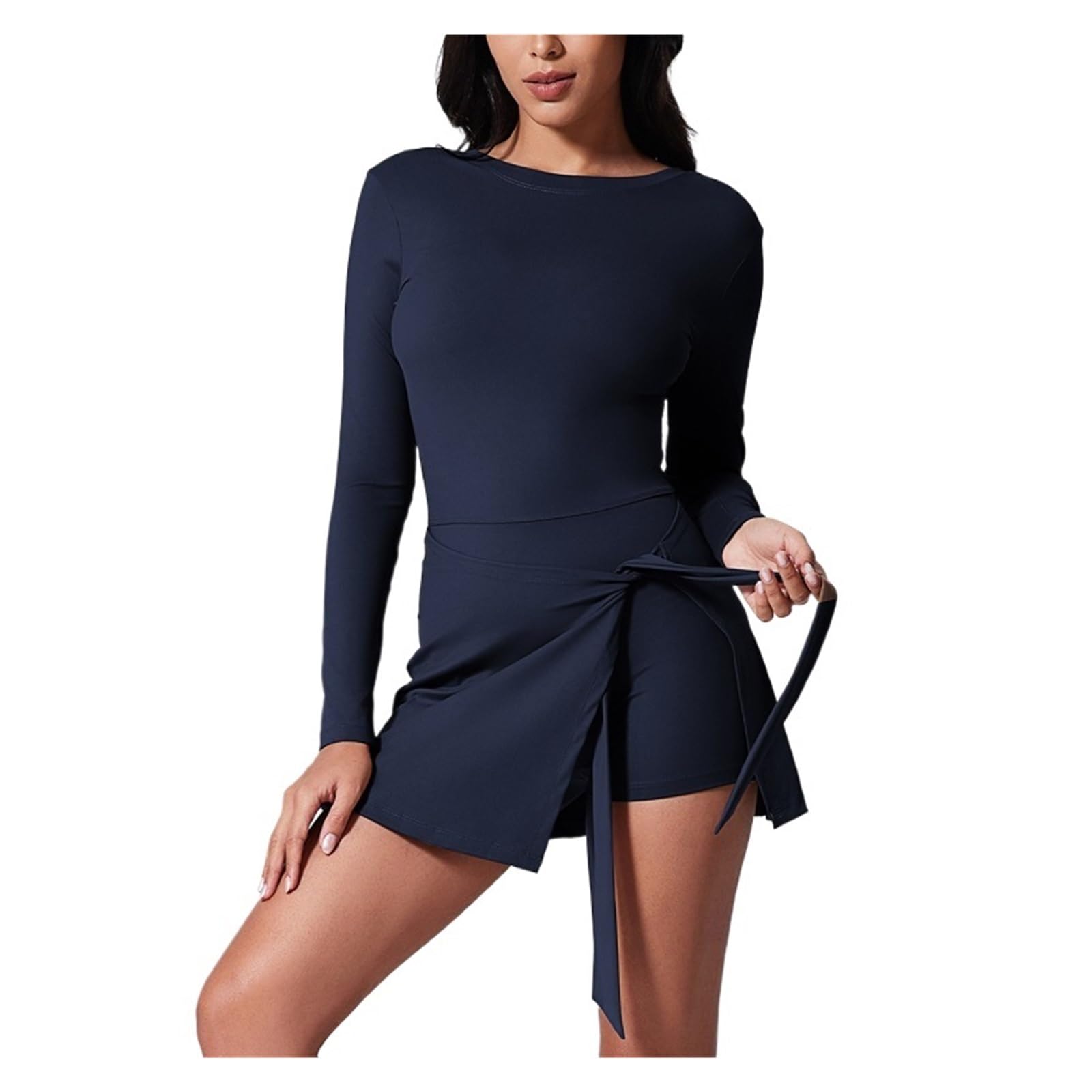 Abiti da tennis da donna Abito da tennis da donna con collo alto, maniche lunghe, gonna avvolgente, pantaloncini incorporati, abito sportivo da golf