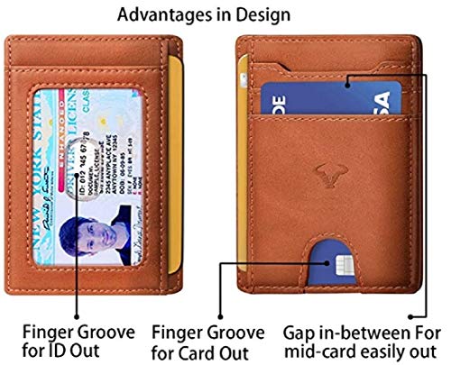 Contacts Genuine Leather Slim Wallet | RFID Blocking Skinny Minimal Thin Front Pocket Wallet Sleeve Card Holder for Men | 7 Card Slots, 1 ID Window (Tan) - Image 3